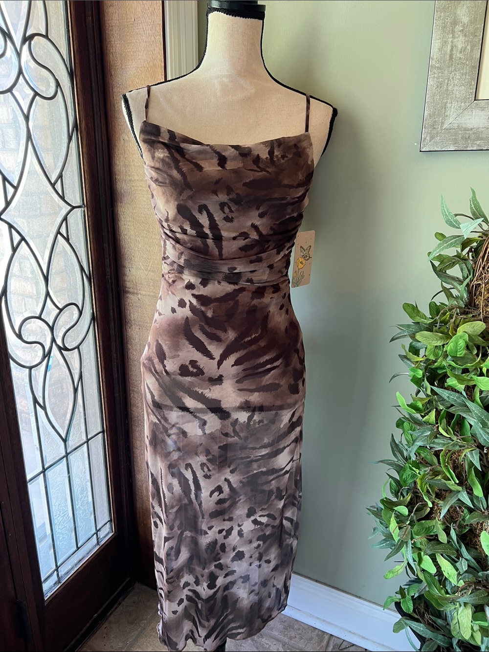 Persaya Brown & Black Animal-Print Midi Slip Dress